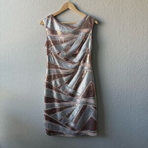 Vince Camuto Sequins Cocktail Party Sheath Dress Silver Rose Gold Holiday Size 8